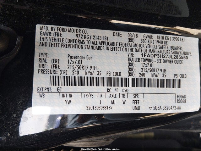 Aukcja sprzedaży 2018 Ford Focus Sel, vin: 1FADP3H27JL285550, numer aukcji: 45267640