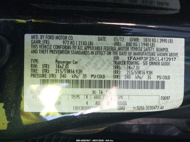 2012 Ford Focus Se მანქანა იყიდება აუქციონზე, vin: 1FAHP3F25CL412917, აუქციონის ნომერი: 45267647