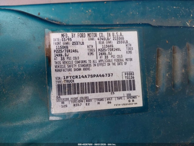 45267650 :رقم المزاد ، 1FTCR14A7SPA46737 vin ، 1995 Ford Ranger Super Cab مزاد بيع