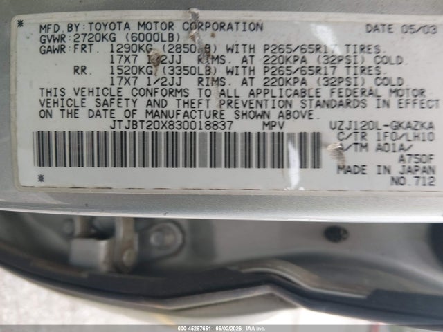 Aukcja sprzedaży 2003 Lexus Gx 470, vin: JTJBT20X830018837, numer aukcji: 45267651