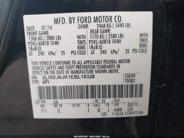 Продаж на аукціоні авто 2014 Lincoln Mkx, vin: 2LMDJ6JK1EBL18328, номер лоту: 45267652