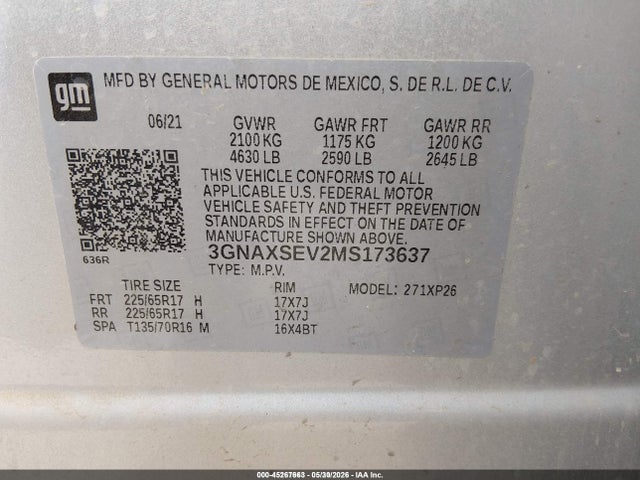 3GNAXSEV2MS173637 Chevrolet Equinox Awd Ls