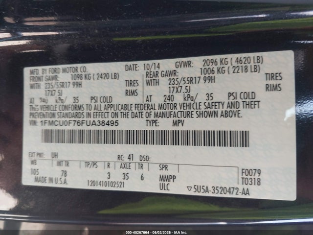 45267664 :رقم المزاد ، 1FMCU0F76FUA38495 vin ، 2015 Ford Escape S مزاد بيع
