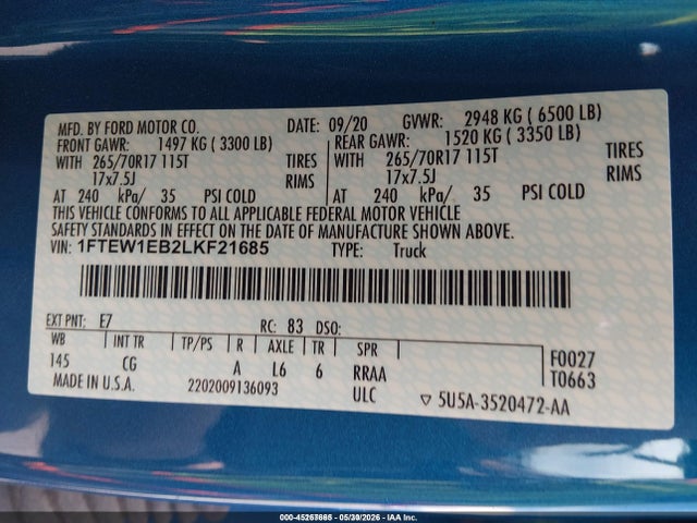 Aukcja sprzedaży 2020 Ford F-150 Xl, vin: 1FTEW1EB2LKF21685, numer aukcji: 45267665
