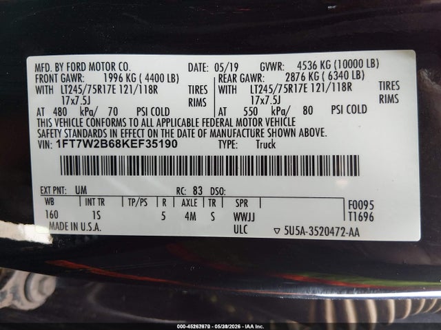Aukcja sprzedaży 2019 Ford F-250 Xl, vin: 1FT7W2B68KEF35190, numer aukcji: 45267670