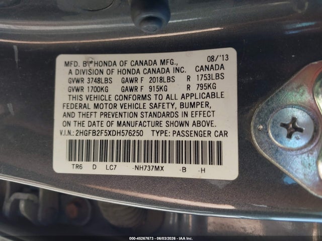 Aukcja sprzedaży 2013 Honda Civic Lx, vin: 2HGFB2F5XDH576250, numer aukcji: 45267673