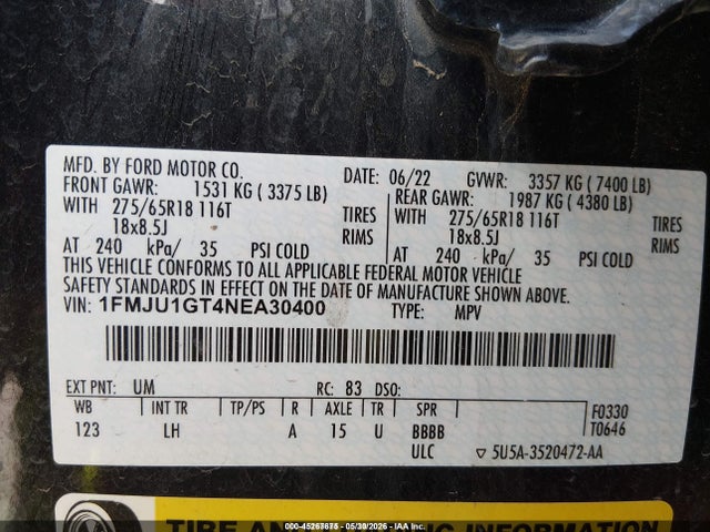 Auction sale of the 2022 Ford Expedition Xl, vin: 1FMJU1GT4NEA30400, lot number: 45267675