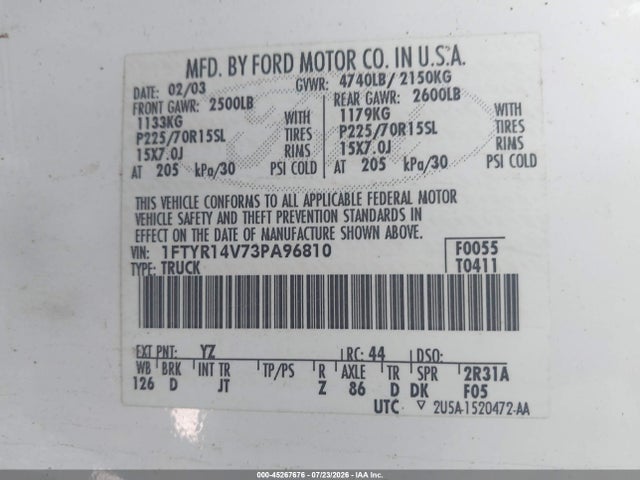 2003 Ford Ranger Edge/tremor/xl/xlt მანქანა იყიდება აუქციონზე, vin: 1FTYR14V73PA96810, აუქციონის ნომერი: 45267676