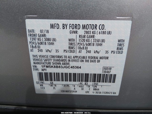 Продажа на аукционе авто 2018 Ford Explorer, vin: 1FM5K8B83JGC45364, номер лота: 45267680
