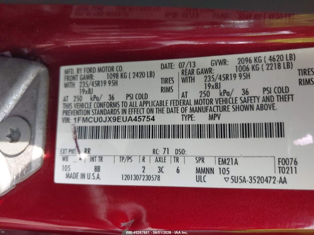 2014 Ford Escape Titanium მანქანა იყიდება აუქციონზე, vin: 1FMCU0JX9EUA45754, აუქციონის ნომერი: 45267681