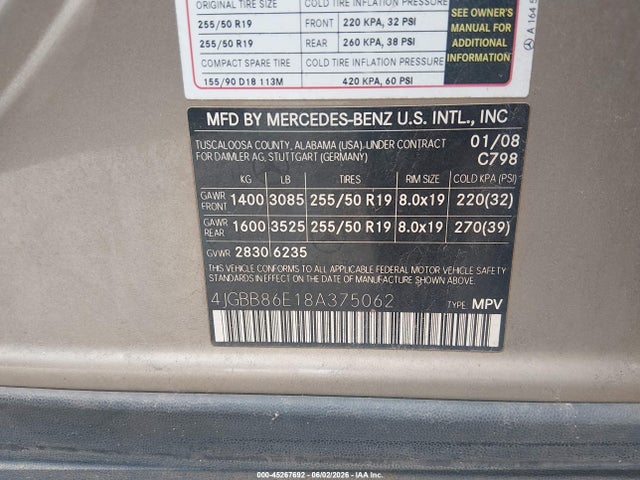 Aukcja sprzedaży 2008 Mercedes-benz Ml 350 4matic, vin: 4JGBB86E18A375062, numer aukcji: 45267692