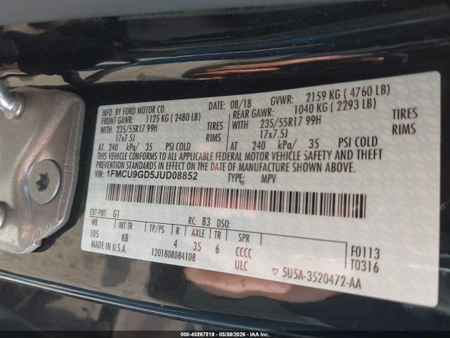 45267719 :رقم المزاد ، 1FMCU9GD5JUD08852 vin ، 2018 Ford Escape Se مزاد بيع