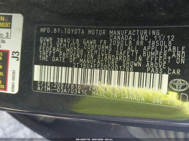Продаж на аукціоні авто 2013 Toyota Corolla Le, vin: 2T1BU4EE0DC001766, номер лоту: 45267728