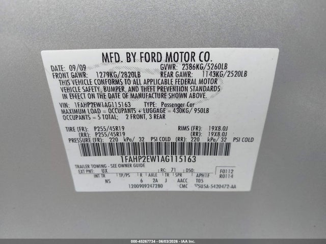 2010 Ford Taurus Sel მანქანა იყიდება აუქციონზე, vin: 1FAHP2EW1AG115163, აუქციონის ნომერი: 45267734
