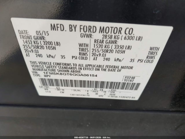 2016 Ford Explorer Sport მანქანა იყიდება აუქციონზე, vin: 1FM5K8GT6GGA06154, აუქციონის ნომერი: 45267735