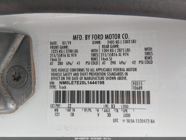 Aukcja sprzedaży 2020 Ford Transit Connect Xl, vin: NM0LE7E20L1444198, numer aukcji: 45267743