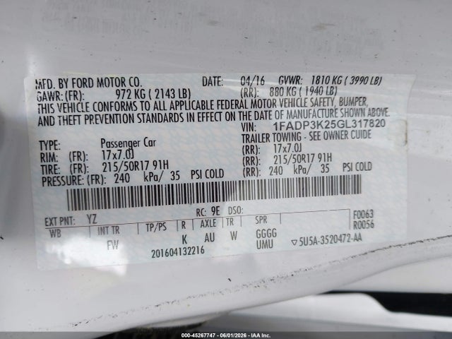 Продаж на аукціоні авто 2016 Ford Focus Se, vin: 1FADP3K25GL317820, номер лоту: 45267747