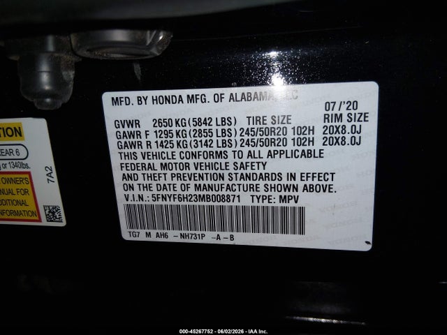 2021 Honda Pilot Awd Special Edition მანქანა იყიდება აუქციონზე, vin: 5FNYF6H23MB008871, აუქციონის ნომერი: 45267752
