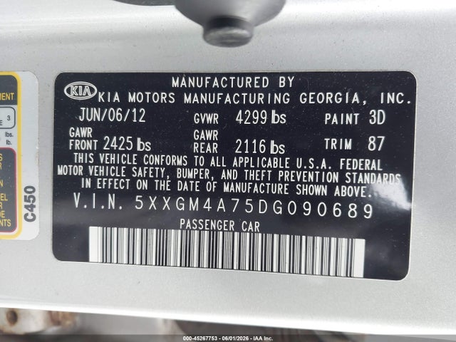 Aukcja sprzedaży 2013 Kia Optima Lx, vin: 5XXGM4A75DG090689, numer aukcji: 45267753