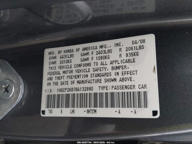 Продажа на аукционе авто 2008 Honda Accord 2.4 Ex-l, vin: 1HGCP26878A132990, номер лота: 45267754