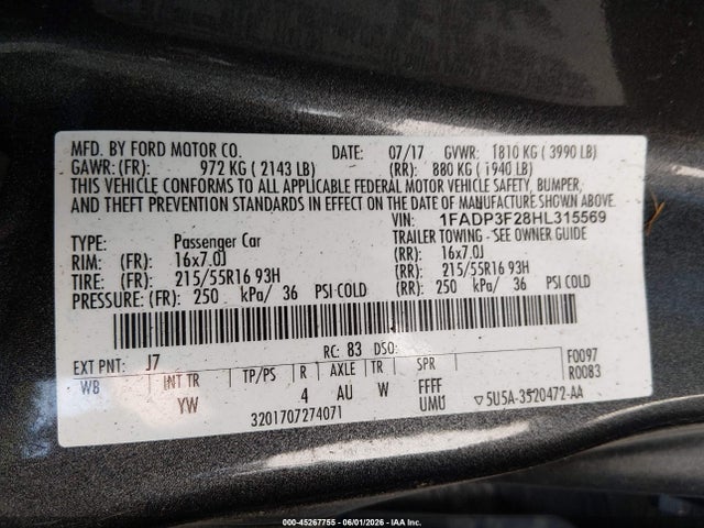 Aukcja sprzedaży 2017 Ford Focus Se, vin: 1FADP3F28HL315569, numer aukcji: 45267755