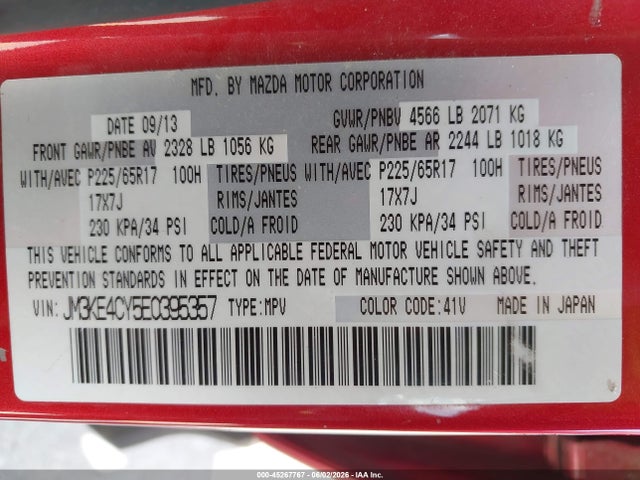 45267767 :رقم المزاد ، JM3KE4CY5E0395357 vin ، 2014 Mazda Cx-5 Touring مزاد بيع