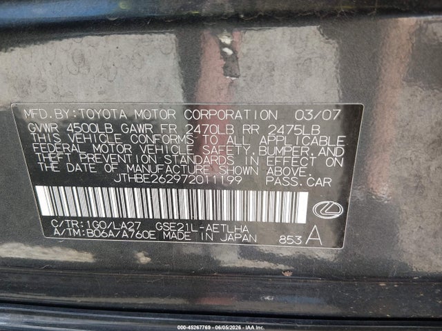 Продаж на аукціоні авто 2007 Lexus Is 350, vin: JTHBE262972011199, номер лоту: 45267769