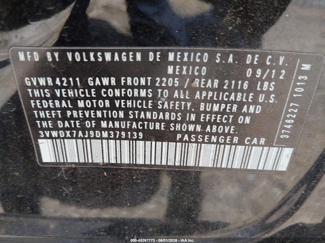 Aukcja sprzedaży 2013 Volkswagen Jetta 2.5l Se, vin: 3VWDX7AJ9DM379139, numer aukcji: 45267773