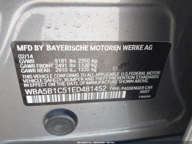 2014 Bmw 535i მანქანა იყიდება აუქციონზე, vin: WBA5B1C51ED481452, აუქციონის ნომერი: 45267774