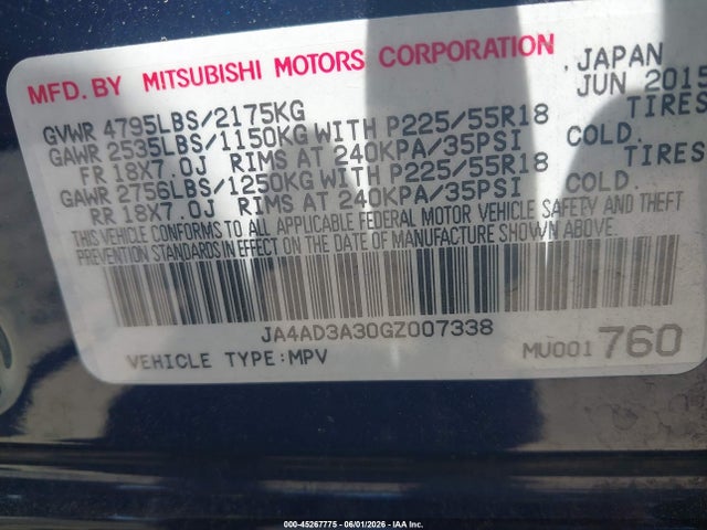 Aukcja sprzedaży 2016 Mitsubishi Outlander Se/sel, vin: JA4AD3A30GZ007338, numer aukcji: 45267775