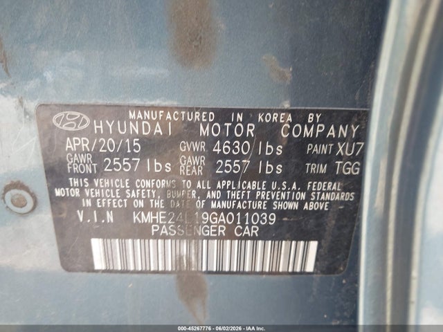 Продаж на аукціоні авто 2016 Hyundai Sonata Hybrid Se, vin: KMHE24L19GA011039, номер лоту: 45267776