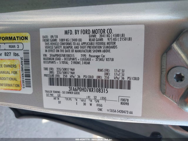 Aukcja sprzedaży 2019 Ford Fusion Se, vin: 3FA6P0HD7KR108315, numer aukcji: 45267778