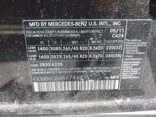 Aukcja sprzedaży 2011 Mercedes-benz Ml 350 4matic, vin: 4JGBB8GB8BA744835, numer aukcji: 45267782