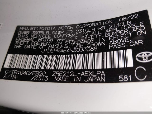 Aukcja sprzedaży 2022 Toyota Corolla Le, vin: JTDEPMAE4N3033088, numer aukcji: 45267784