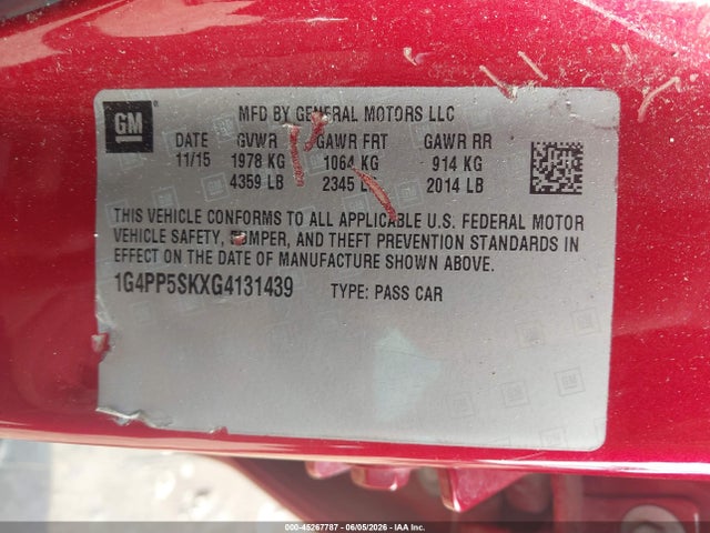 2016 Buick Verano მანქანა იყიდება აუქციონზე, vin: 1G4PP5SKXG4131439, აუქციონის ნომერი: 45267787