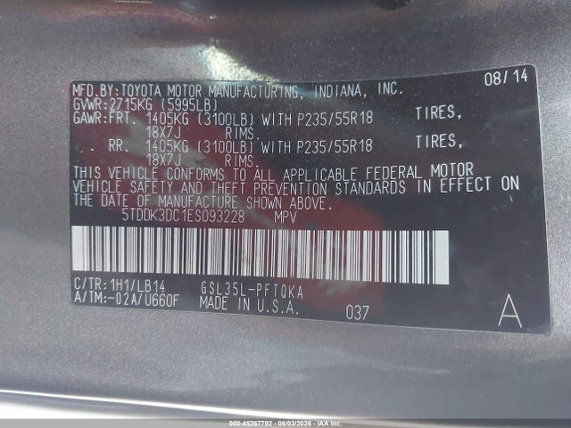 5TDDK3DC1ES093228 Toyota Sienna Xle 7 Passenger