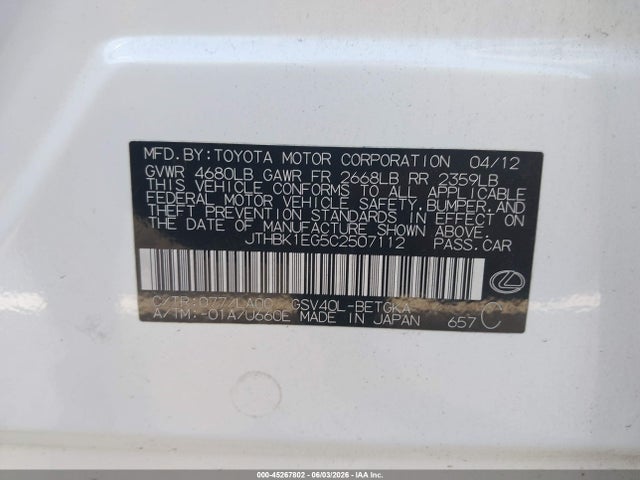 45267802 :رقم المزاد ، JTHBK1EG5C2507112 vin ، 2012 Lexus Es 350 مزاد بيع