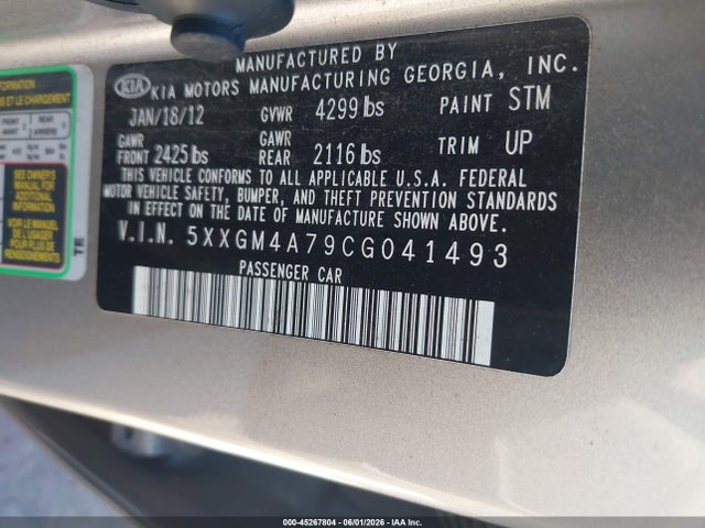 Продаж на аукціоні авто 2012 Kia Optima Lx, vin: 5XXGM4A79CG041493, номер лоту: 45267804