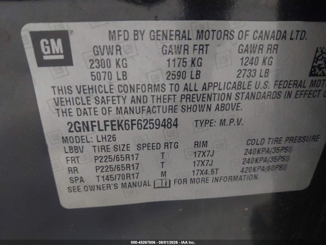 2015 Chevrolet Equinox 1lt მანქანა იყიდება აუქციონზე, vin: 2GNFLFEK6F6259484, აუქციონის ნომერი: 45267806