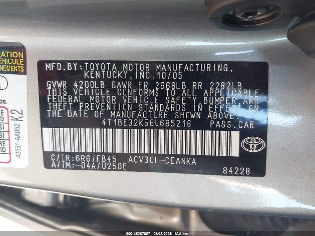 Aukcja sprzedaży 2006 Toyota Camry Le, vin: 4T1BE32K56U685216, numer aukcji: 45267807