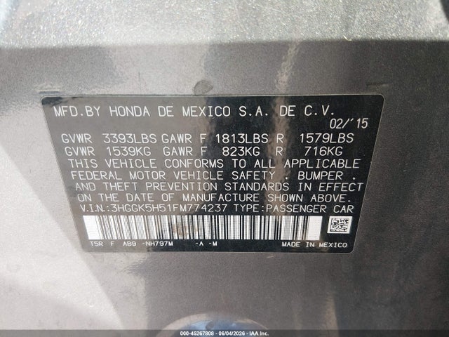 2015 Honda Fit Lx მანქანა იყიდება აუქციონზე, vin: 3HGGK5H51FM774237, აუქციონის ნომერი: 45267808