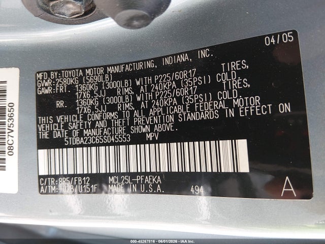 Aukcja sprzedaży 2005 Toyota Sienna Le, vin: 5TDBA23C65S045553, numer aukcji: 45267816