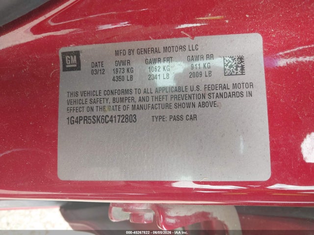 Auction sale of the 2012 Buick Verano Convenience Group, vin: 1G4PR5SK6C4172803, lot number: 45267822