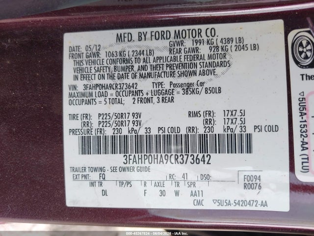 Aukcja sprzedaży 2012 Ford Fusion Se, vin: 3FAHP0HA9CR373642, numer aukcji: 45267824