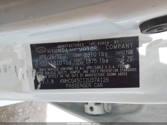 Aukcja sprzedaży 2002 Hyundai Accent Gl, vin: KMHCG45C12U374126, numer aukcji: 45267830