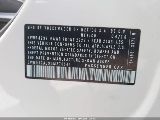 45267833 :رقم المزاد ، 3VWD17AJ9GM370544 vin ، 2016 Volkswagen Jetta 1.8t Sport مزاد بيع