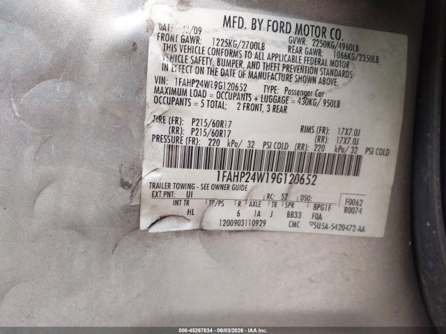 2009 Ford Taurus Sel მანქანა იყიდება აუქციონზე, vin: 1FAHP24W19G120652, აუქციონის ნომერი: 45267834