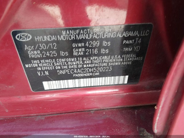 Aukcja sprzedaży 2013 Hyundai Sonata Limited, vin: 5NPEC4AC2DH520223, numer aukcji: 45267835