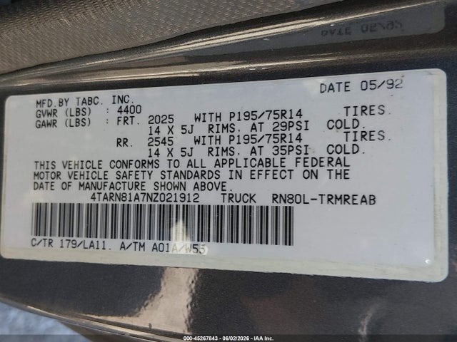 45267843 :رقم المزاد ، 4TARN81A7NZ021912 vin ، 1992 Toyota Pickup 1/2 Ton Short Whlbase Stb مزاد بيع