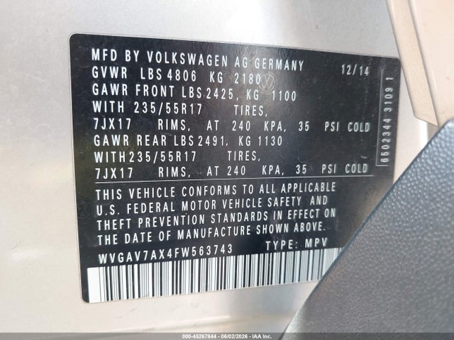 Продаж на аукціоні авто 2015 Volkswagen Tiguan Se, vin: WVGAV7AX4FW563743, номер лоту: 45267844